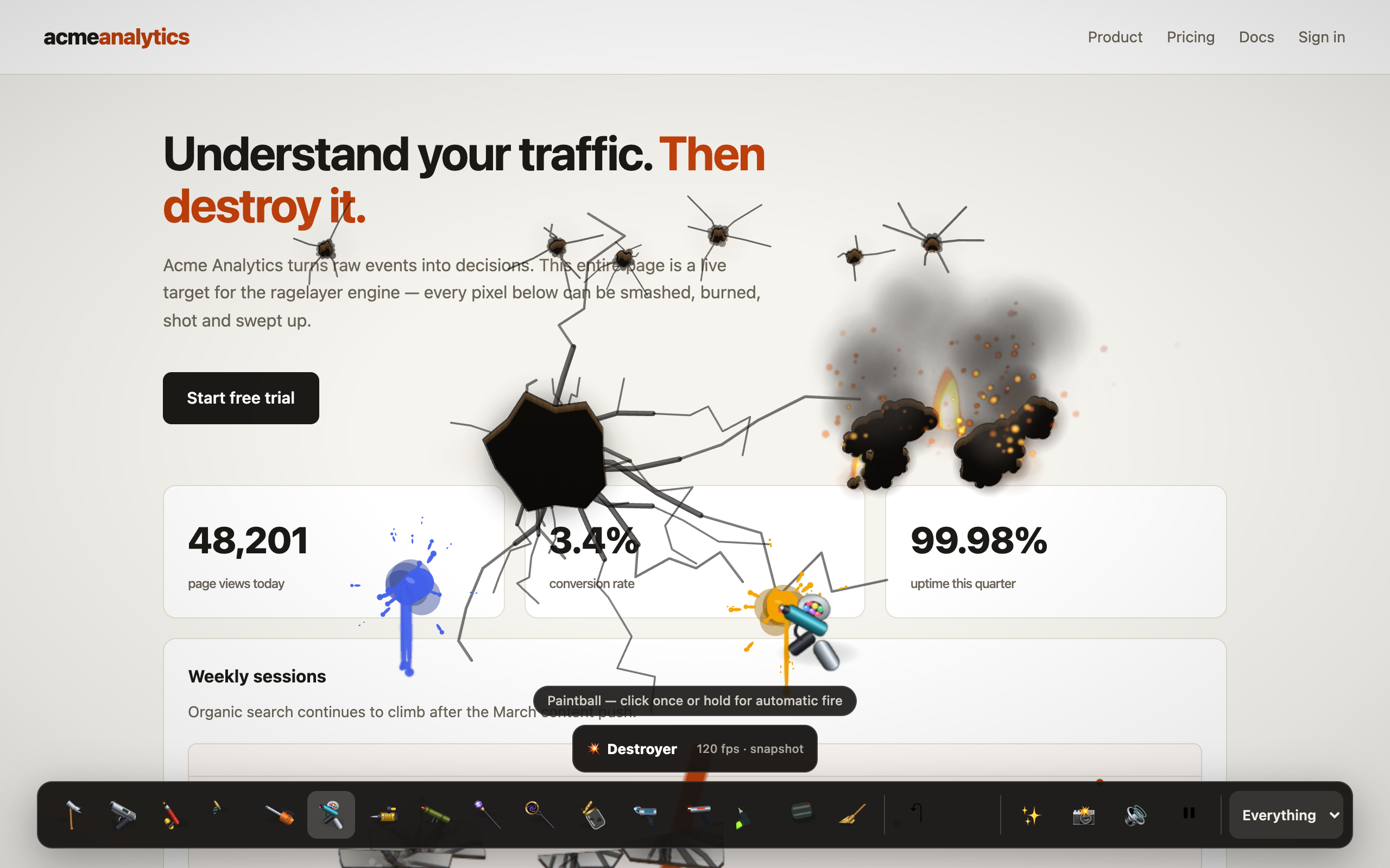 A web page smashed, burned, frozen, and painted by RageLayer